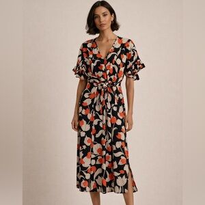 Who What Wear Black & Orange Fall Midi Dress|Ruffle Sleeves|Tulip Print Size S